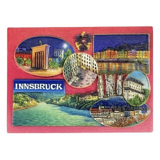 Kühlschrankmagnet mit Innsbruck Stadtmotiven im Postkartenstil
