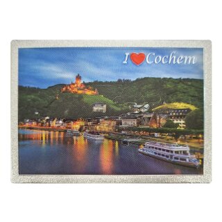 Folien Glitzer Magnet mit Schriftzug Silber Rand Groß - I Love Cochem Germany