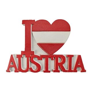 Kühlschrankmagnet – I Love Austria Schriftzug mit Herz in Flaggenfarben