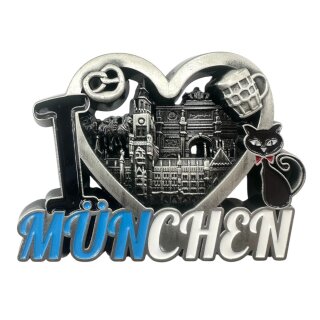 Metallmagnet München Herz Katze Breze Bier silber