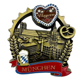 München Metallmagnet Bierkrug Brezel Bayern Wahrzeichen - Gold