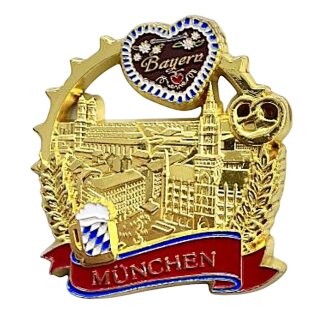 Metall magnet München Lebkuchenherz Bretze Bier - gold glänzend