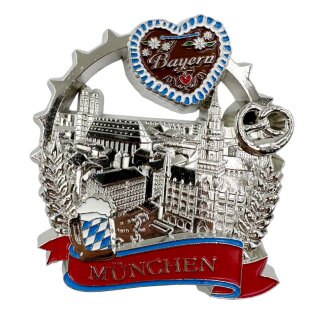 Metall magnet München Lebkuchenherz Bretze Bier - silber glänzend