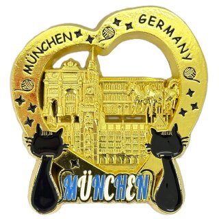 München Metallmagnet Herz Stadtmotiv Katzen - Gold Glänzend