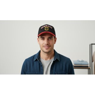 Basecap Deutschland mit Stickerei Adler Wappen und Germany Schrift, Schwarz mit rotem Schirmrand